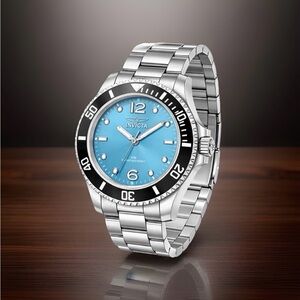 Invicta Silver Watch with Turquoise Blue Dial and Black Bezel
